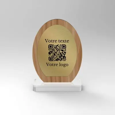 Chevalet chêne laiton ovale - Support QR Code pour restaurant