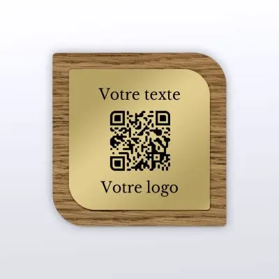 Plaque carré arrondi chêne foncé laiton - qr code plaque