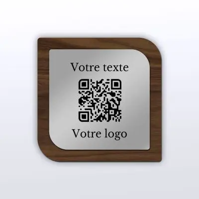 Plaque carré arrondi noyer inox - qr code plaque