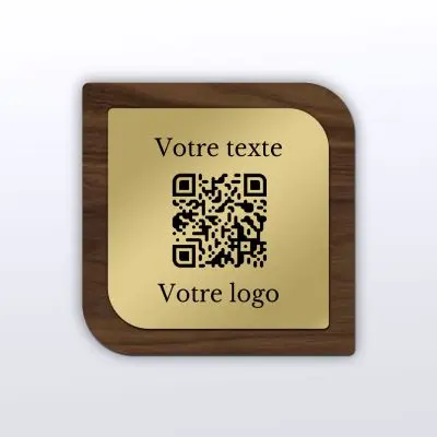 Plaque carré arrondi noyer laiton - qr code plaque