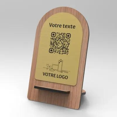 Présentoir chêne laiton arrondi - Support QR Code en bois pour restaurant