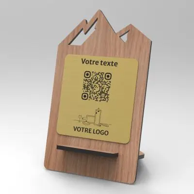 Présentoir chêne laiton montagne - Support QR Code en bois pour restaurant
