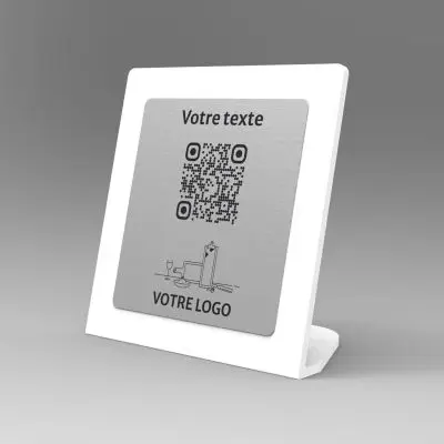 Présentoir incliné blanc aspect inox carré - Support QR Code en plexiglass pour restaurant