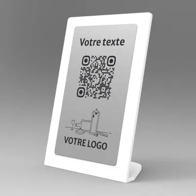 Présentoir incliné blanc aspect inox rectangle - Support QR Code en plexiglass pour restaurant