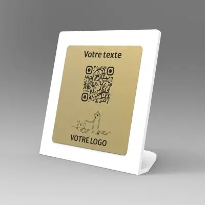 Présentoir incliné blanc aspect laiton carré - Support QR Code en plexiglass pour restaurant