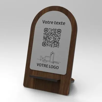 Présentoir noyer inox arrondi - Support QR Code en bois pour restaurant