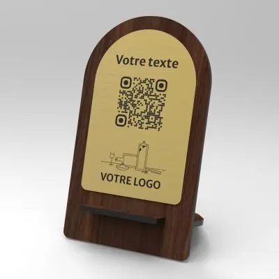 Présentoir noyer laiton arrondi - Support QR Code en bois pour restaurant