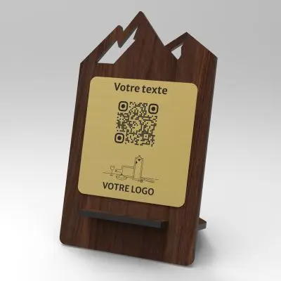 Présentoir noyer laiton montagne - Support QR Code en bois pour restaurant