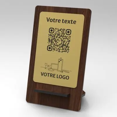 Présentoir noyer laiton rectangle - Support QR Code en bois pour restaurant