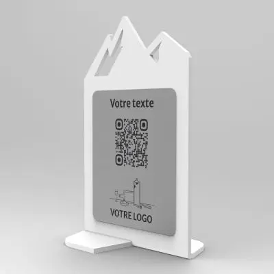 Présentoir vertical blanc aspect inox montagne - Support QR Code en plexiglass pour restaurant