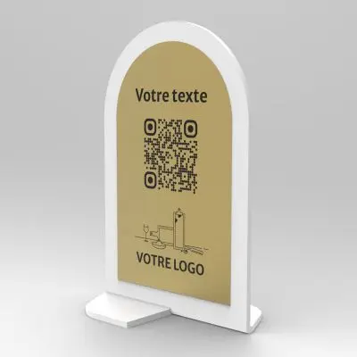 Présentoir vertical blanc aspect laiton arrondi - Support QR Code en plexiglass pour restaurant