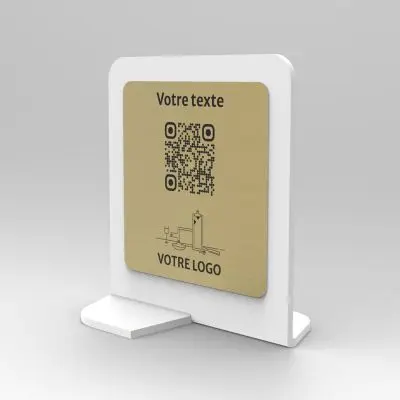 Présentoir vertical blanc aspect laiton carré - Support QR Code en plexiglass pour restaurant