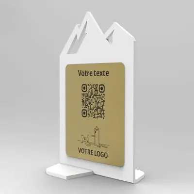 Présentoir vertical blanc aspect laiton montagne - Support QR Code en plexiglass pour restaurant