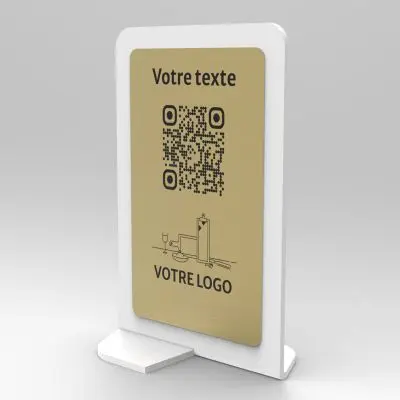 Présentoir vertical blanc aspect laiton rectangle - Support QR Code en plexiglass pour restaurant