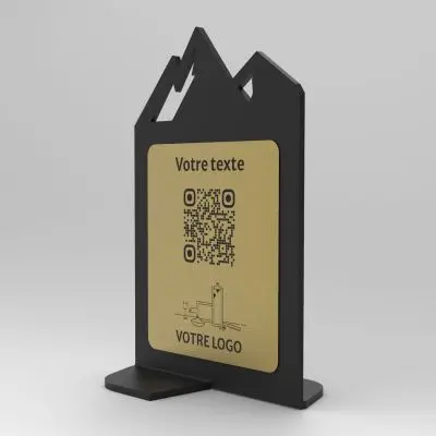 Présentoir vertical noir aspect laiton montagne - Support QR Code en plexiglass pour restaurant